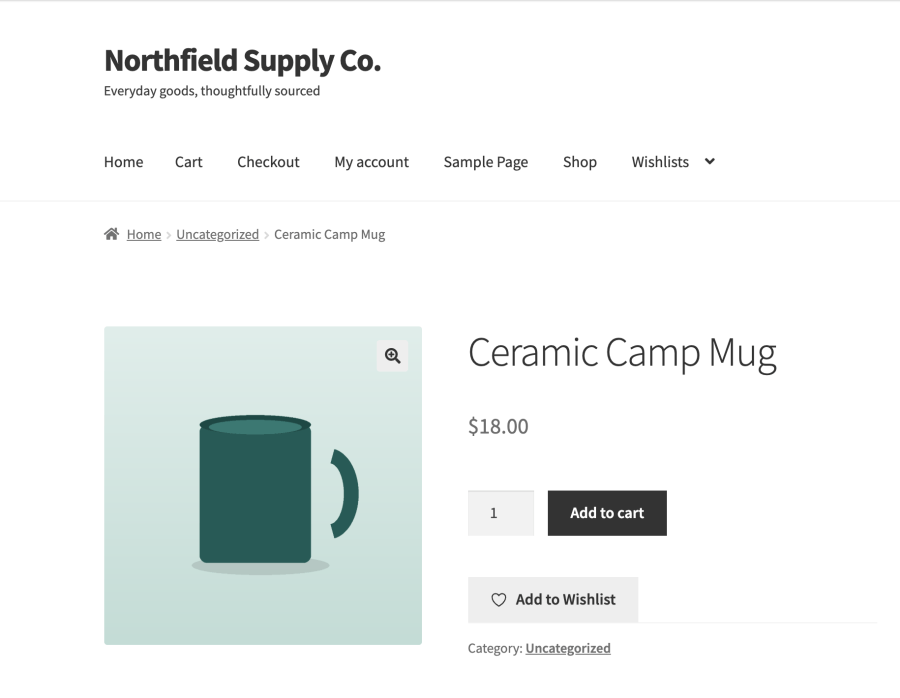WooCommerce product page showing an Add to Wishlist button directly beneath Add to cart