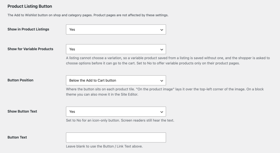 The Product Listing Button settings section with five fields controlling the wishlist button on shop and category pages