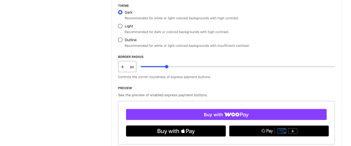 WooPayments Apple Pay and Google Pay appearance settings showing theme, border radius, and button preview