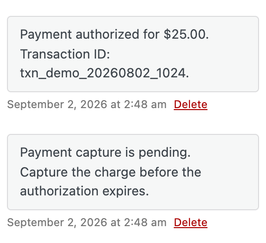 Order notes showing a payment authorization and a reminder to capture the charge before it expires