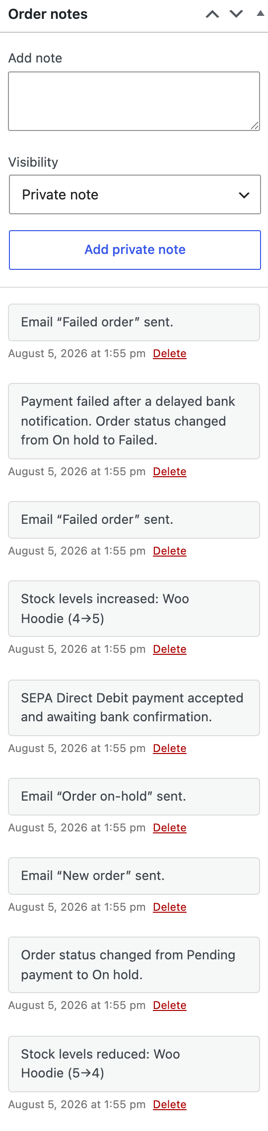 WooCommerce order notes showing stock reduced from 5 to 4, a delayed bank payment moving from On hold to Failed, and stock restored from 4 to 5