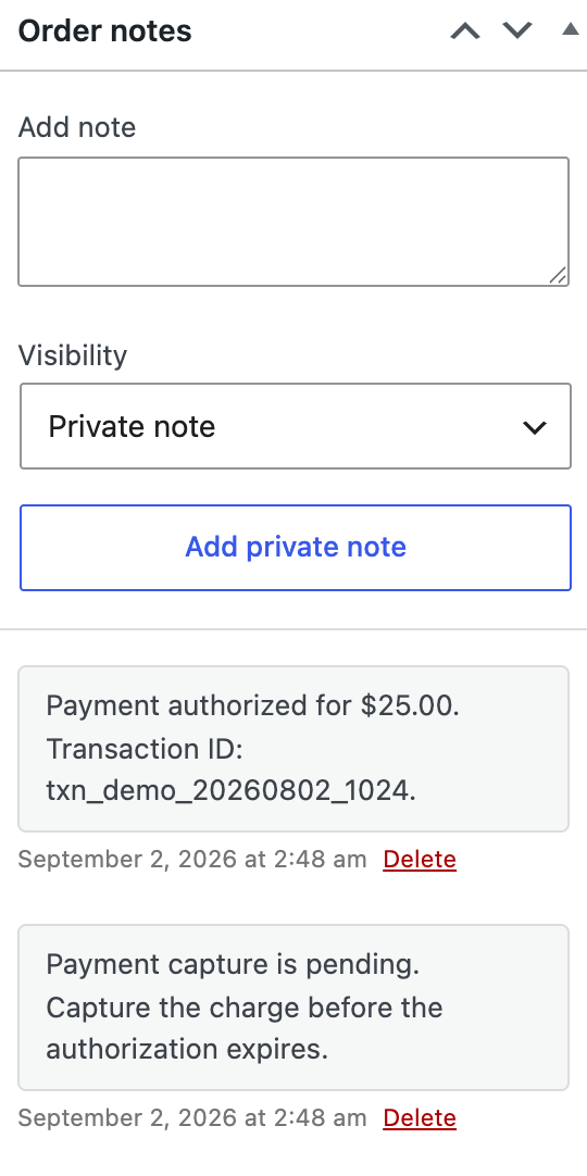 WooCommerce order notes panel showing an authorized payment and a pending capture notice