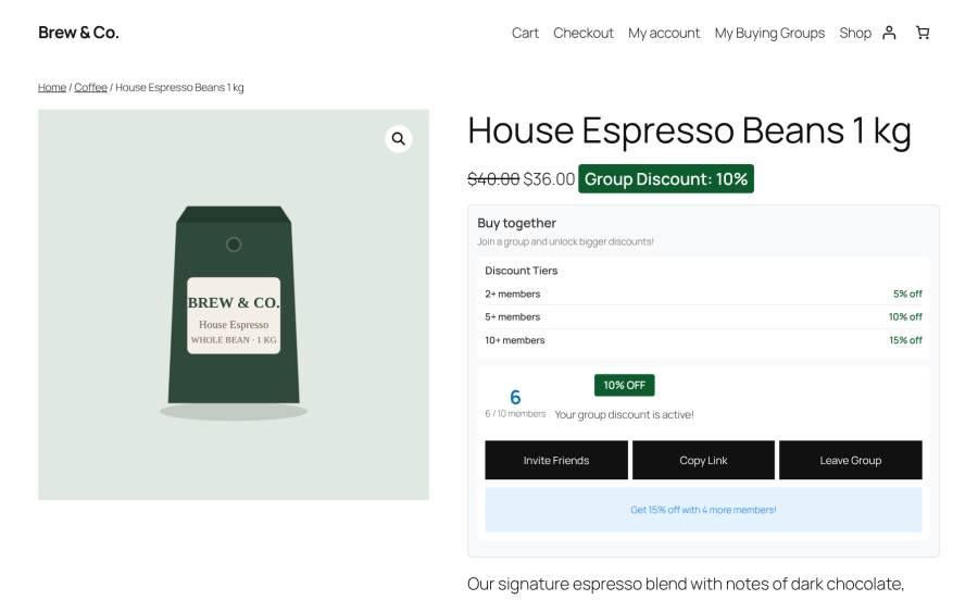 WooCommerce group buying widget displaying group pricing and tiered discounts on a product page