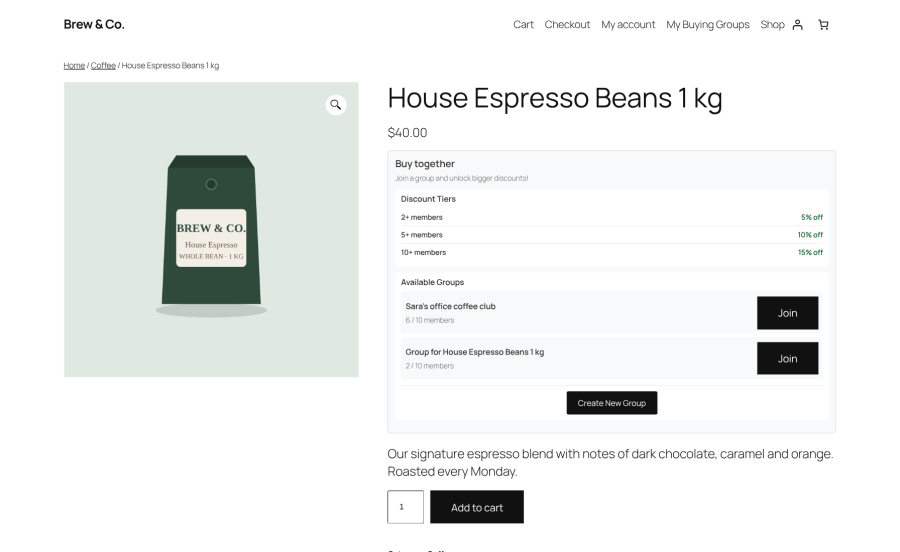 Group Buying Power product page showing available buying groups and options to join or create a group