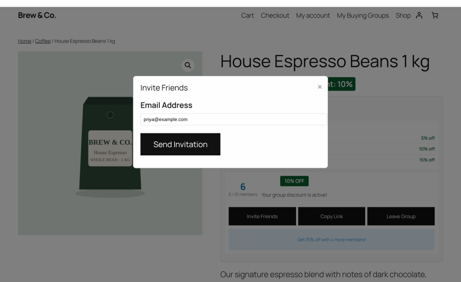 Group Buying Power email invitation form for inviting friends to join a WooCommerce buying group
