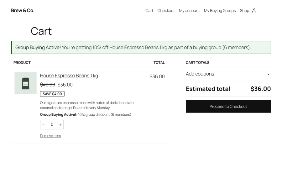WooCommerce block cart displaying a product with its group buying discount applied