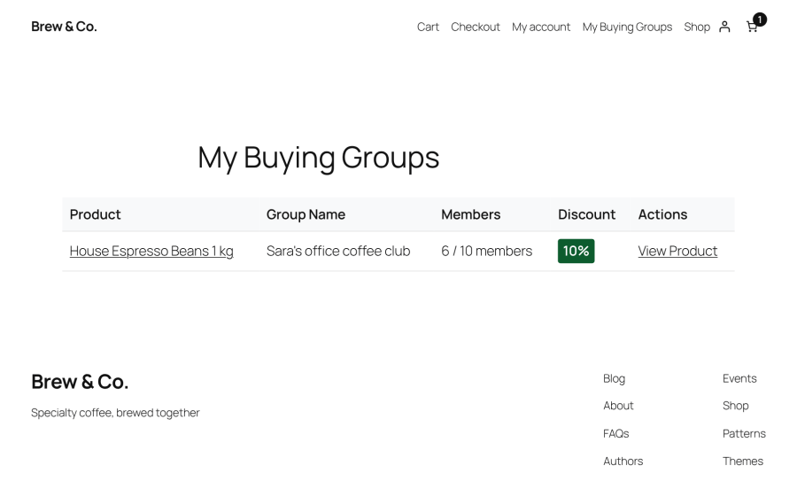 My Buying Groups dashboard listing customer products, groups, membership counts, and discounts
