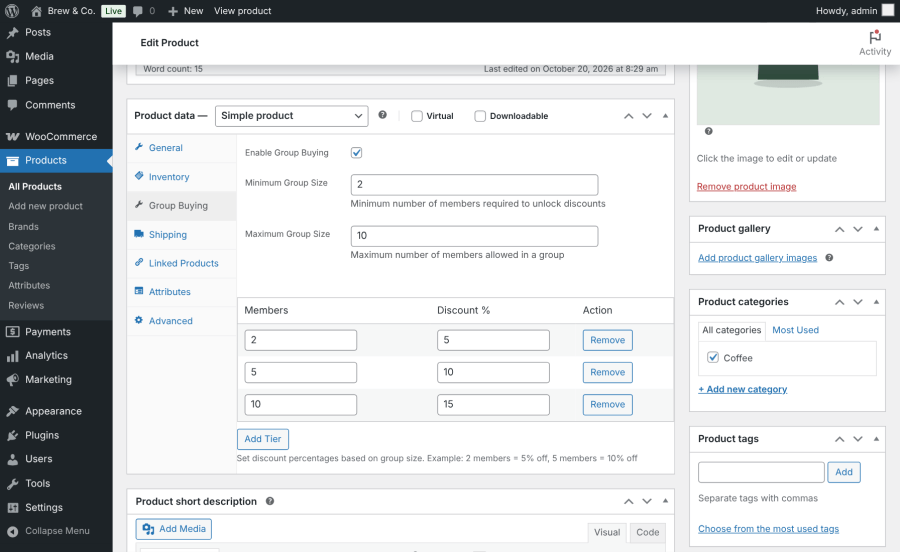 WooCommerce product data settings for enabling group buying and configuring product discount tiers