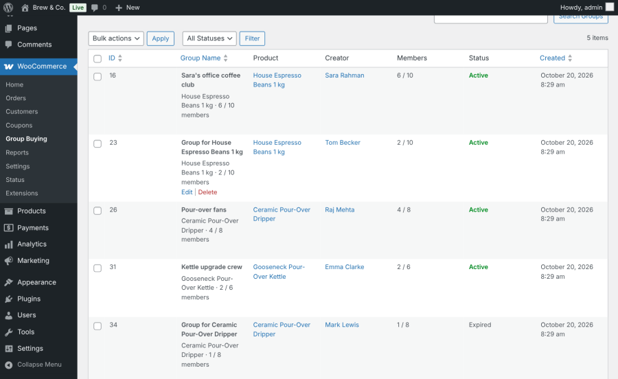 Group Buying Power admin dashboard listing buying groups, products, members, and group statuses