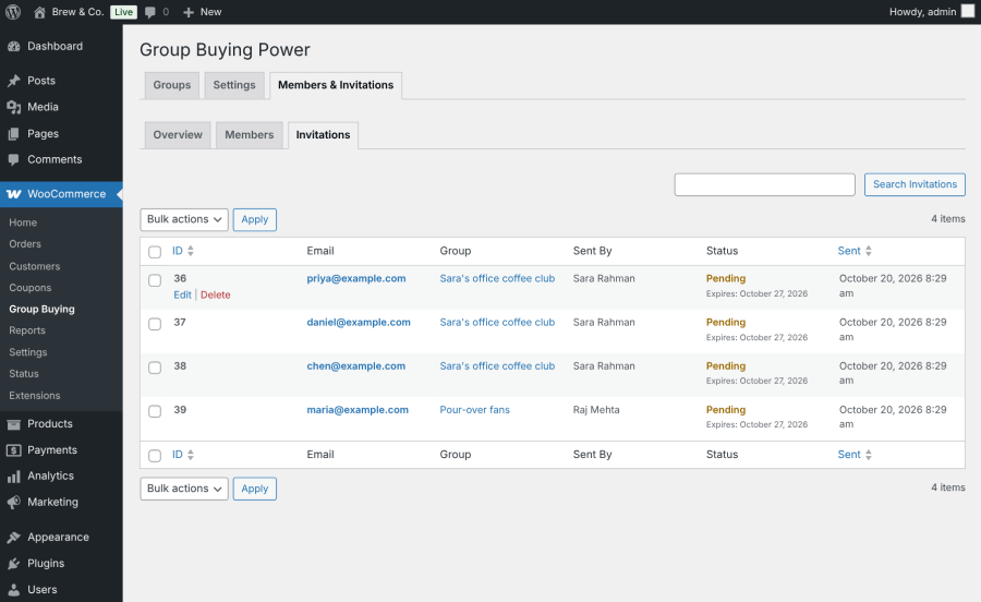 Group Buying Power admin invitation list showing invitation senders, statuses, and expiry dates