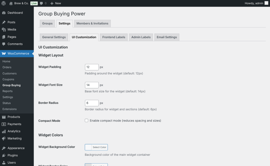 Group Buying Power widget customization settings for colors, buttons, spacing, typography, and corners