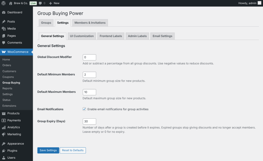 Group Buying Power general settings for default group sizes, discount adjustments, and group expiry