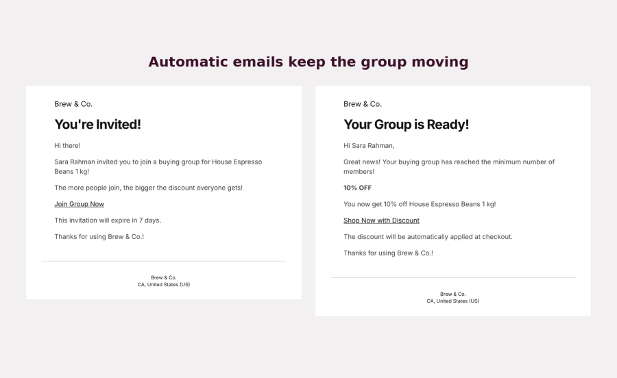 Group Buying Power email notification examples for invitations and group discount milestones