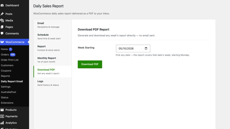Download PDF tab in the report settings with a date picker and a Download PDF button