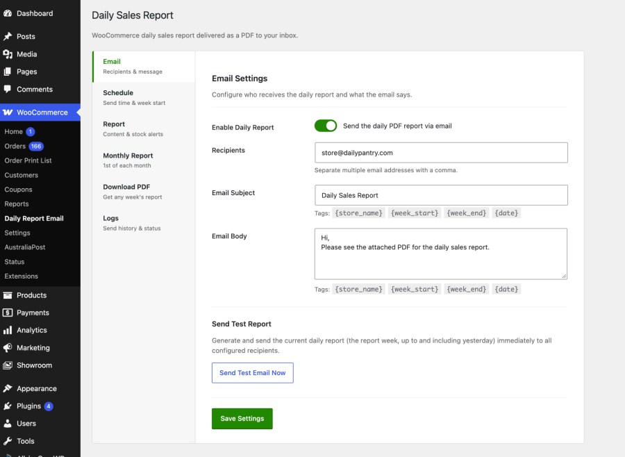 Daily Report Email settings page in WooCommerce with six sidebar tabs and the Email tab open