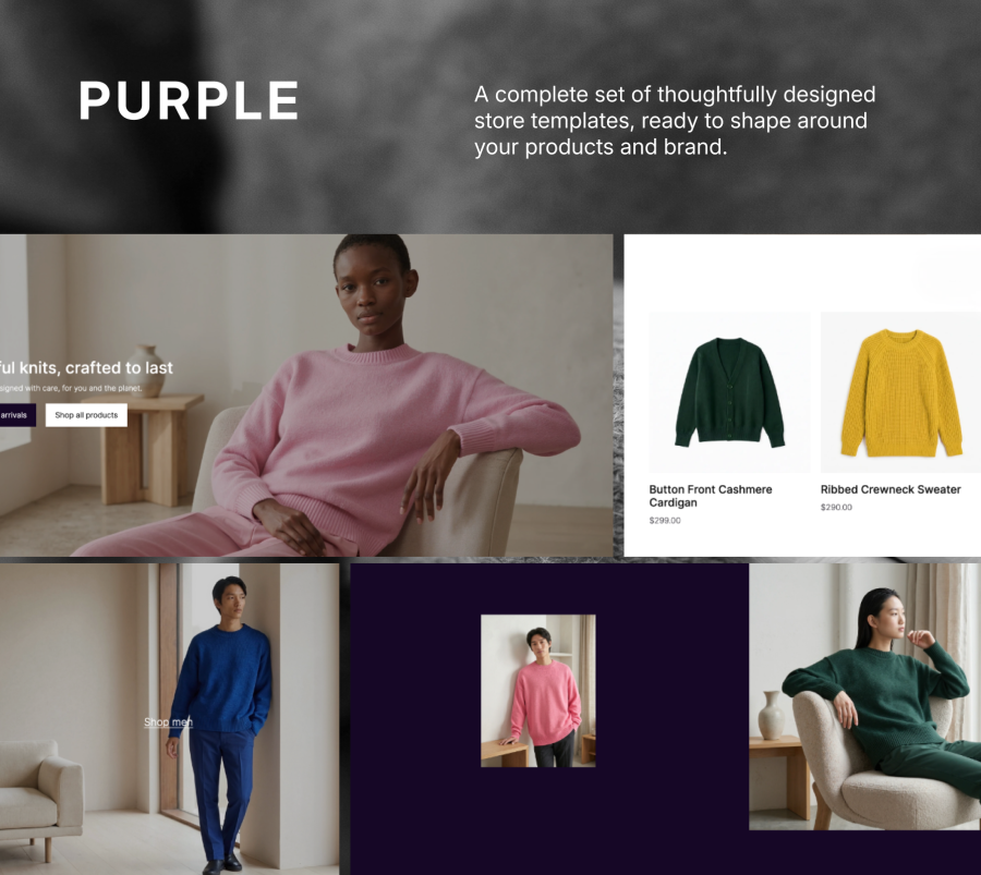 Purple store templates showing the homepage, product catalog, and editorial layouts.