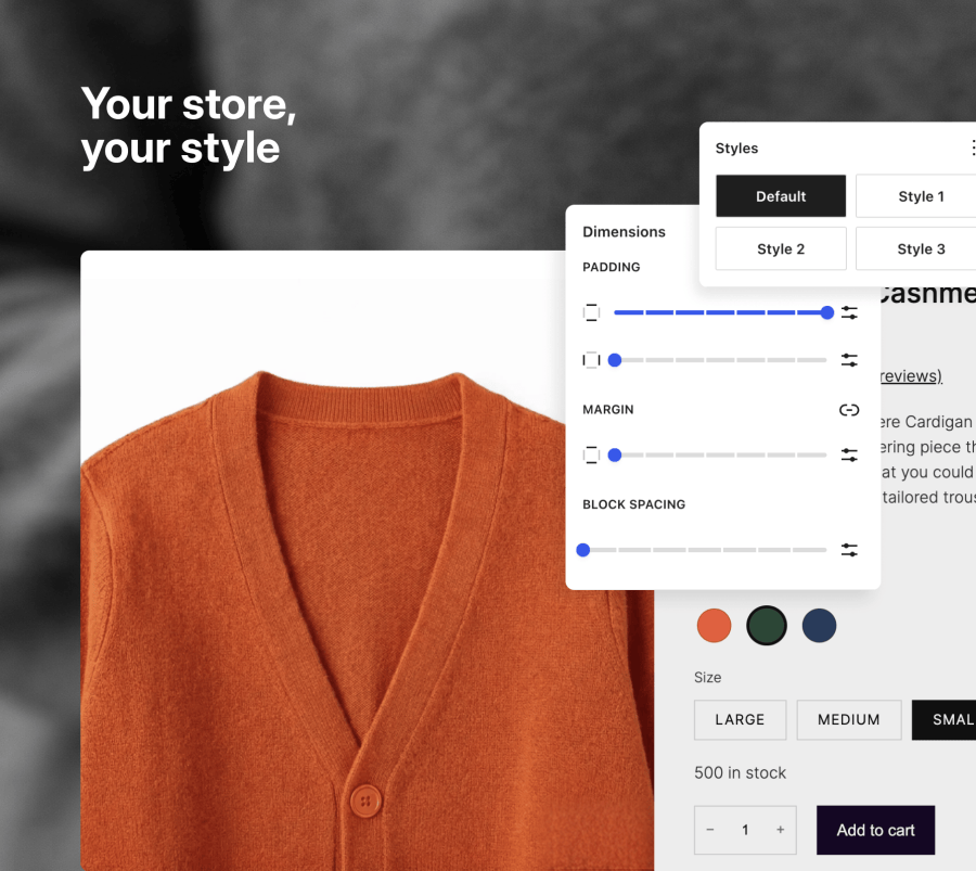 Purple product page with visual controls for styles and spacing.