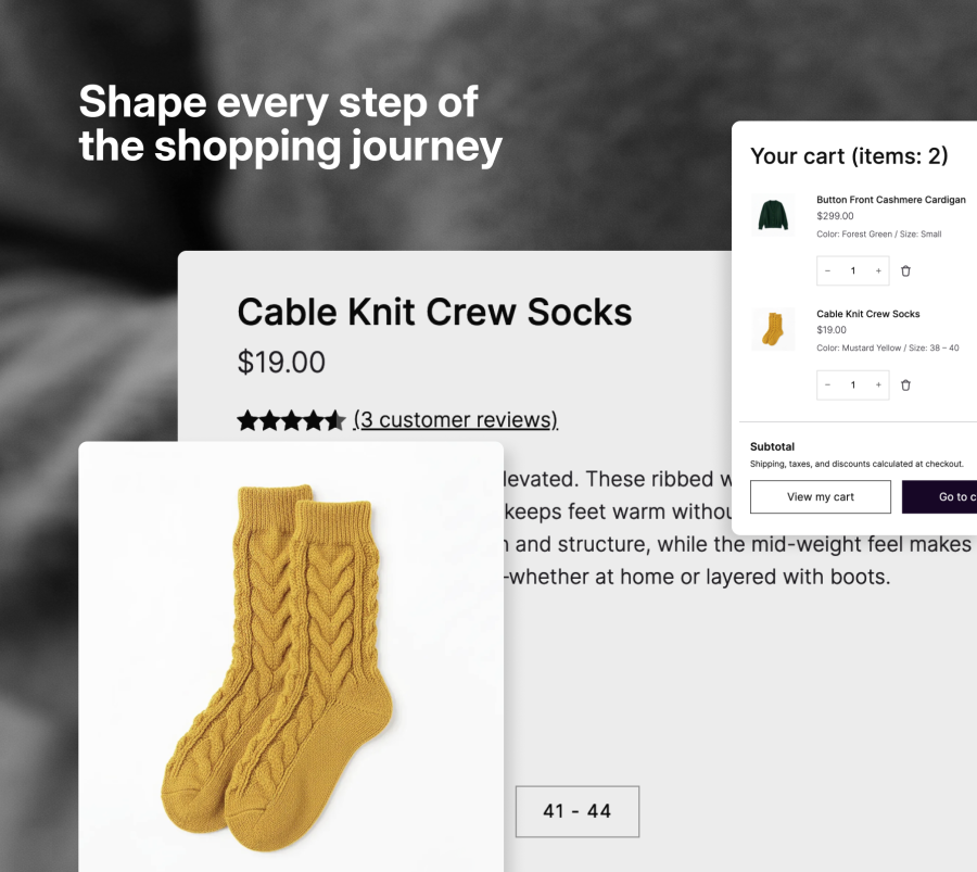 Purple product page and mini-cart layouts.