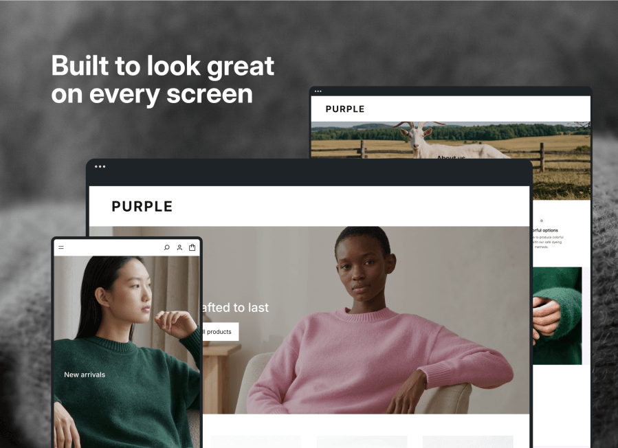 Purple store layouts adapting to desktop, tablet, and mobile screens.