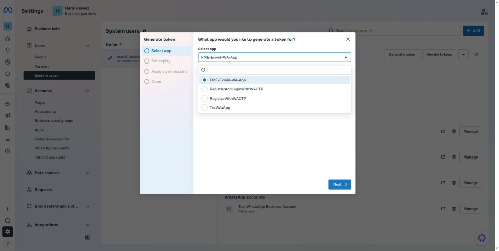 Step 15: Click Generate token. In Select app, choose your app and click Next