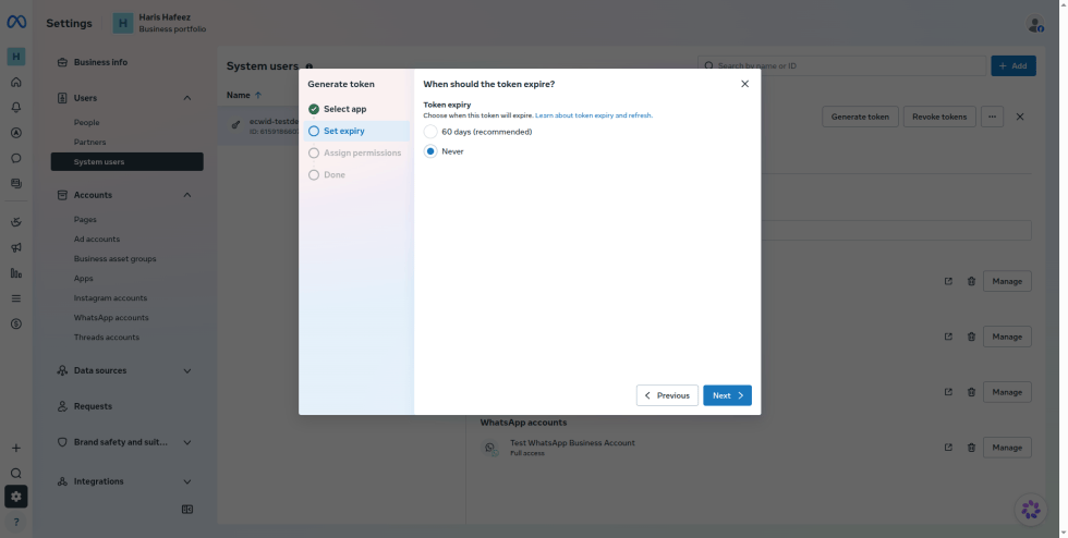 Step 16: In Set expiry, select Never so the token doesn't need renewing. If you choose 60 days