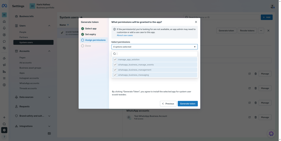 Step 17: In Assign permissions, select whatsapp_business_messaging and whatsapp_business_management, then click Generate token