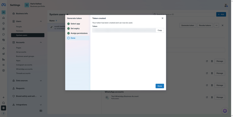 Step 18: Click Copy to copy the token, then click Done. Save the token somewhere safe
