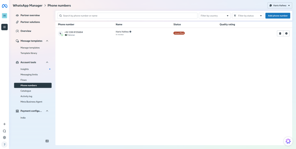 Step 25: In WhatsApp Manager, go to Account tools > Phone numbers and click Add phone number