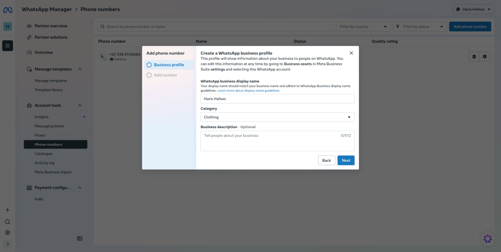 Step 26: Create the WhatsApp business profile: enter the WhatsApp business display name, choose a Category, and add a Business description (optional). Click Next