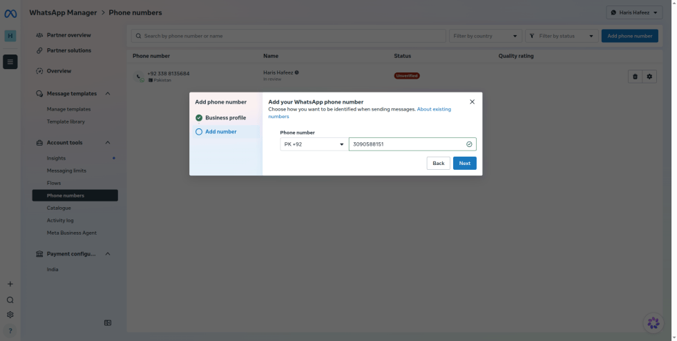 Step 27: Enter your phone number with the country code and click Next, then verify it with the code Meta sends
