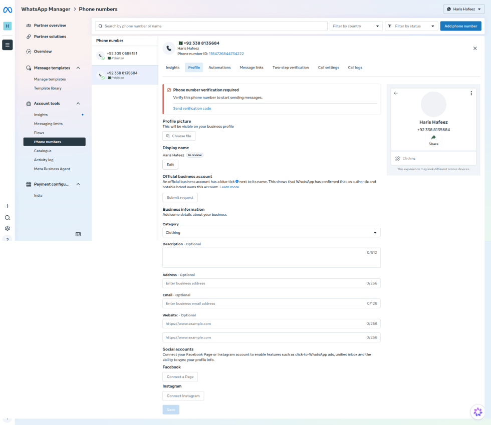 Step 28: If the number shows as Unverified, select it, open the Profile tab and click Send verification code. The display name stays In review until Meta approves it