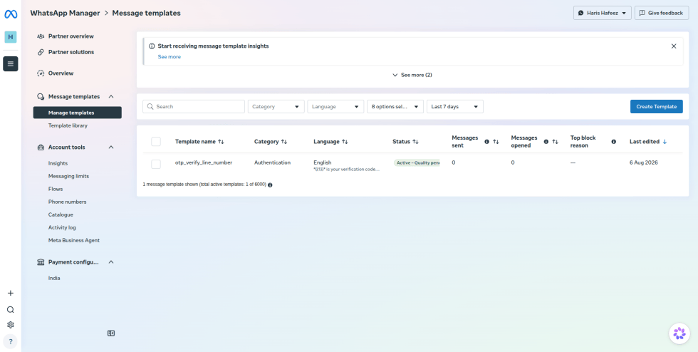 Step 30: In WhatsApp Manager, go to Message templates > Manage templates and click Create Template