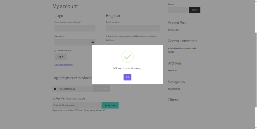 Step 40: On your store's My account page, enter a phone number under Login-Register With WhatsApp and click Send Code. A message confirms OTP sent to your WhatsApp