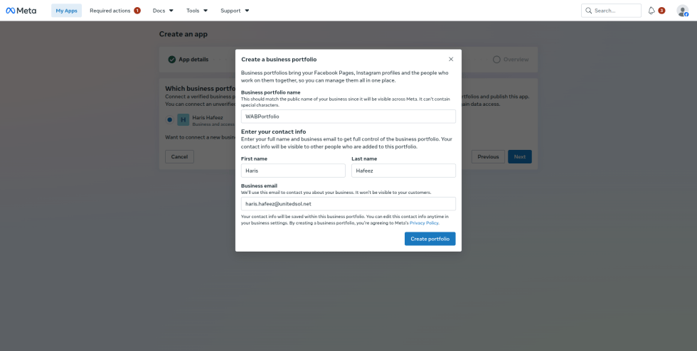 Step 5: On the Business screen, select the business portfolio to connect to the app. If you don't have one, create it: enter the Business portfolio name