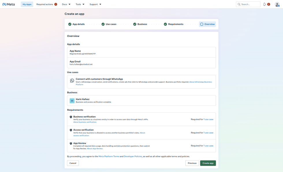 Step 7: On the Overview screen, check the app details, use case and business, then click Create app. Confirm your password if Meta asks for a security check