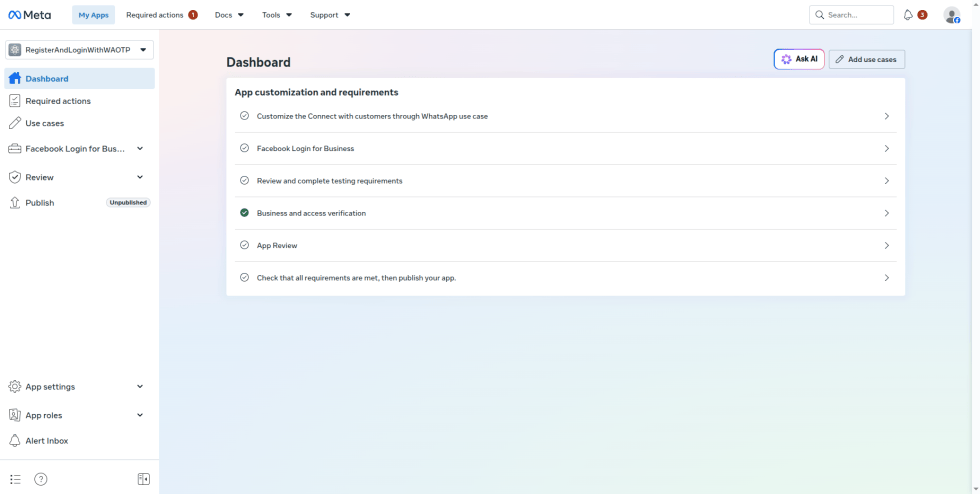 Step 8: On the app Dashboard, under App customization and requirements, click Customize the Connect with customers through WhatsApp use case. You can also open it from Use cases in the left sidebar