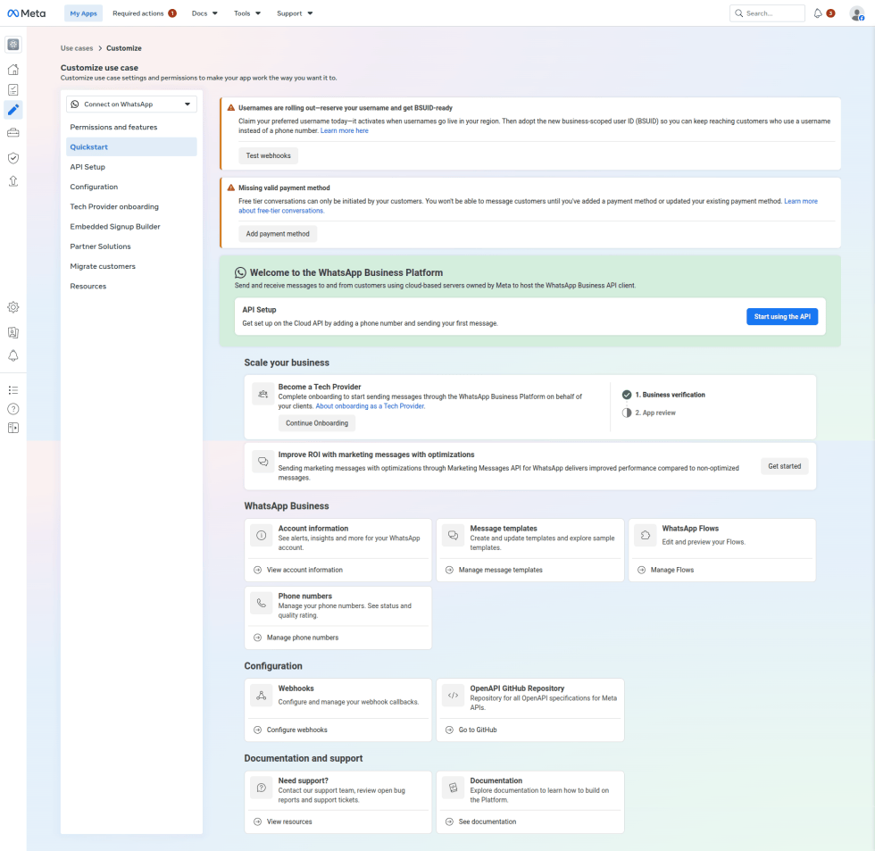 Step 9: The Customize use case page opens on Quickstart.