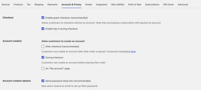 WooCommerce Accounts and Privacy settings showing guest checkout, account creation, and password setup options.