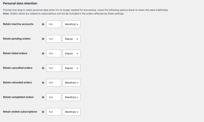 WooCommerce personal data retention settings, including refunded orders and ended subscriptions.
