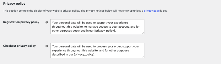 Registration and checkout privacy policy notices in WooCommerce.