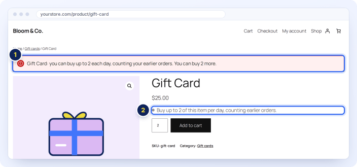 Message shown when a guest tries to add more gift cards than the daily limit allows