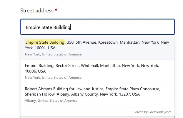 Address suggestions displayed while entering an address at WooCommerce checkout