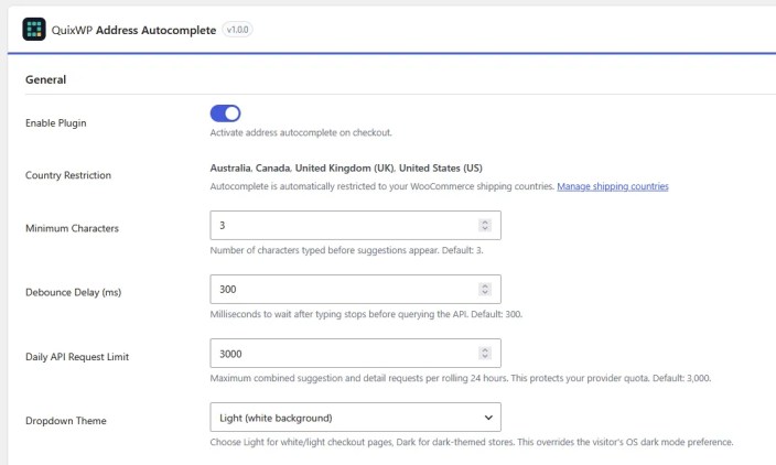 General request and appearance settings for QuixWP Address Autocomplete