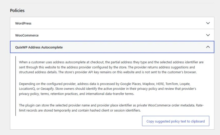 Suggested QuixWP Address Autocomplete text in the WordPress Privacy Policy Guide
