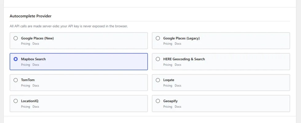 Address provider selection with eight options in QuixWP Address Autocomplete