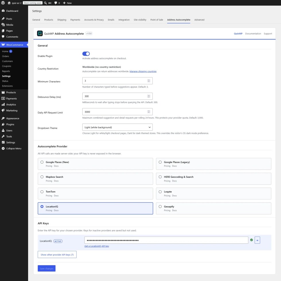 QuixWP Address Autocomplete settings overview in WooCommerce