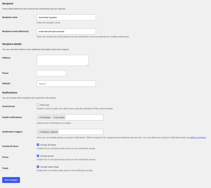 Add Notification form with recipient Northside Supplies, Purchases and Low stock notifications enabled, an Apparel category trigger, and items, prices and totals included
