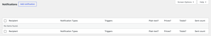 WooCommerce Notifications screen with the Add notification button and an empty recipients list