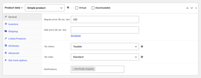 Product data General tab with the Notifications field set to the recipient Northside Supplies