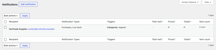 Notifications screen listing the recipient Northside Supplies with Purchases and Low stock notifications and an Apparel category trigger